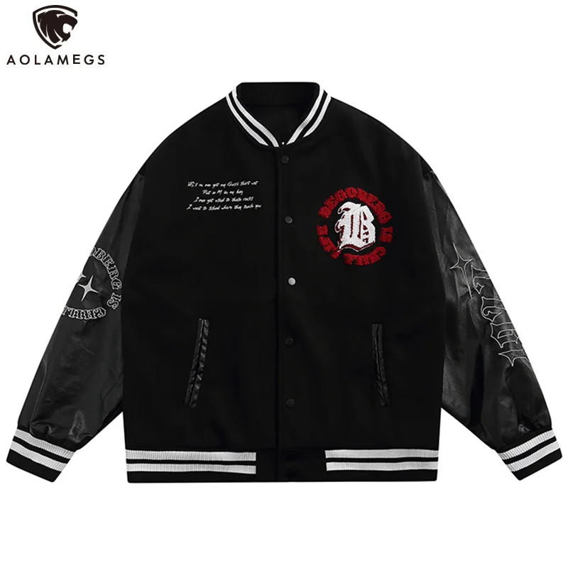 

Aolamegs Men's Punk Jacket Letter Embroidery Splicing Coat Hip Hop Single Breasted High Street Harajuku Tops Unisex Streetwears