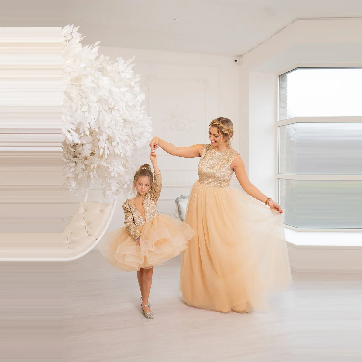 

Champagne Mother And Kid Tulle Dresses Long Kid Tutu Dress Sequin Stunning Mom And Daughter Matching Evening Dress 2022