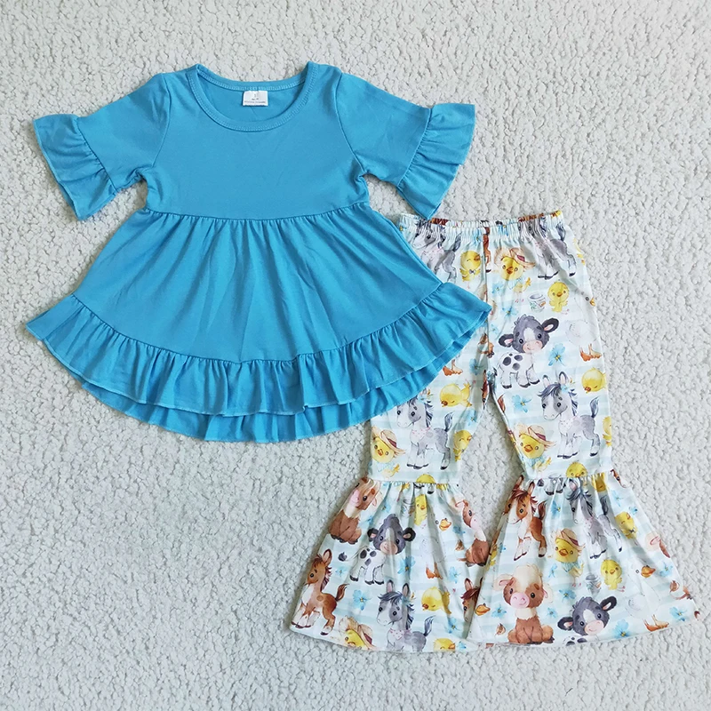 

Boutique girls clothing cow print blue ruffled tunic top bell bottom pants two piece set outfits for girl
