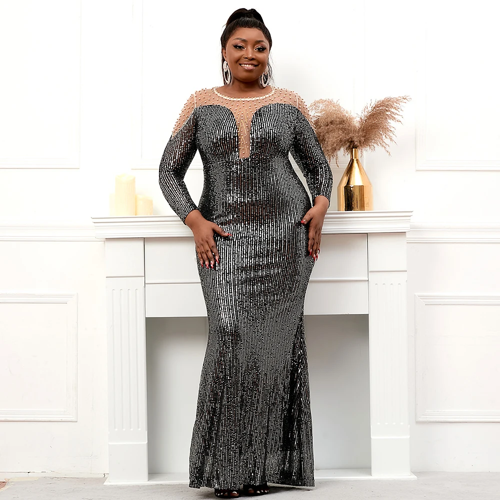 

Plus Size Stretch Sequin Maxi Dress Pearls Full Sleeve See Through Mermaid Evening Night Long Party Dress