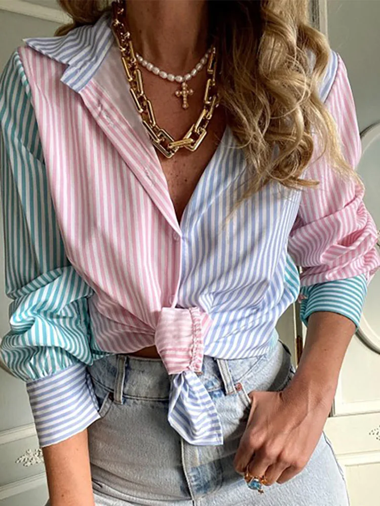 

Elegant Women's Long Sleeve Shirt Summer New Casual Stripe Print Single Breasted Shirts 2022 Spring Women Fashion Blouses Tops