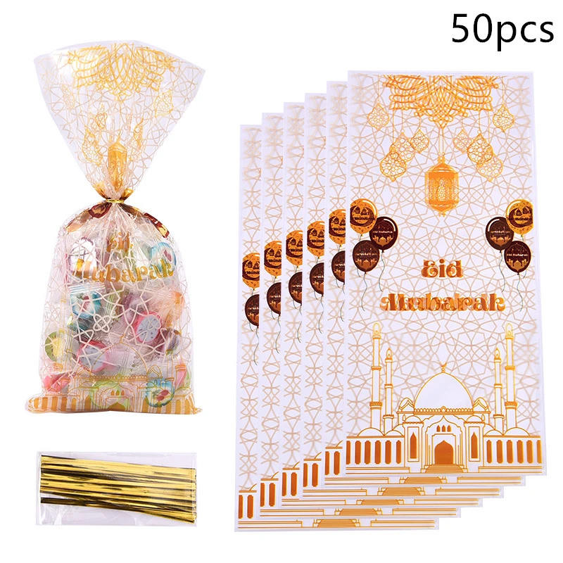

25/50pcs Eid Mubarak Gift Bags Plastic Ramadan Kareem Decoration Eid Candy Cookie Gifts Bag 2023 Islamic Muslim Party Supplies