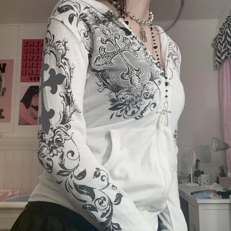 

Y2K эстетичные винтажные толстовки в стиле гранж, Женская толстовка на молнии с графическим принтом, E-girl Mall, готическое ретро пальто, куртка, уличная одежда