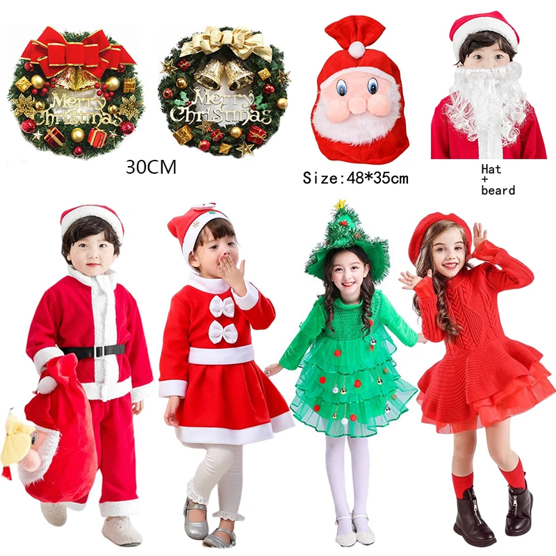 

2023 Baby Girls Boys Santa Claus Cosplay Costume Toddler Kids Christmas Red Green Clothing Set Child Xmas New Year Dress Outfits