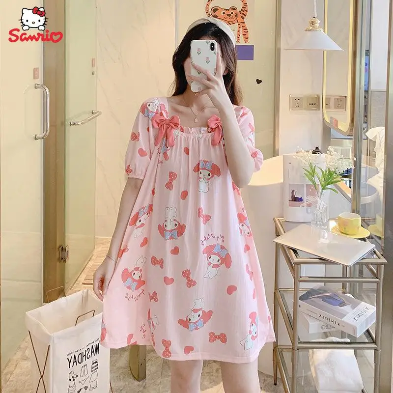 

New Sanrio Summer Woman Nightgown Cartoon My Melody Cinnamoroll Loose Pajamas Girls Cute Bow Short-Sleeved Household Clothes