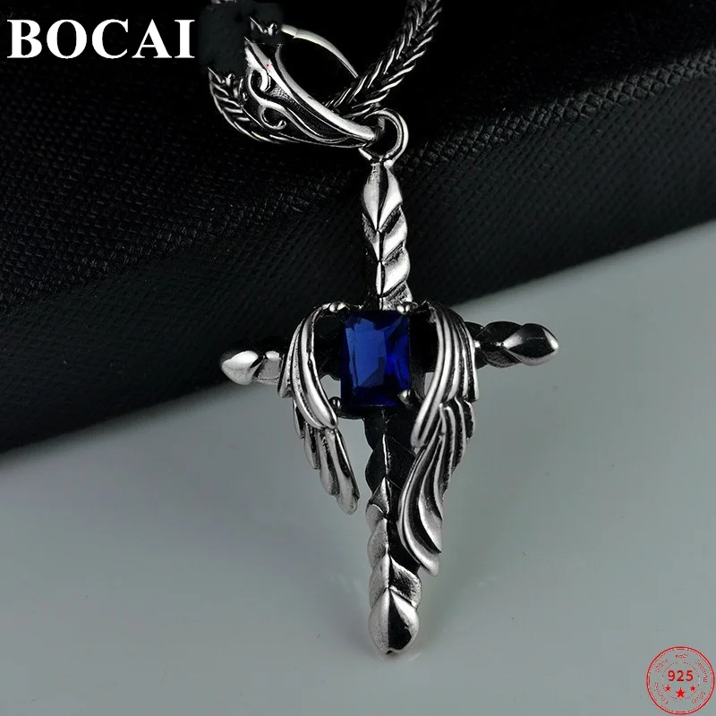 

BOCAI S925 Sterling Silver Pendants for Men Women 2022 New Women's Fashion Angel Wing Cross Blue Zircon Argentum Amulet Jewelry