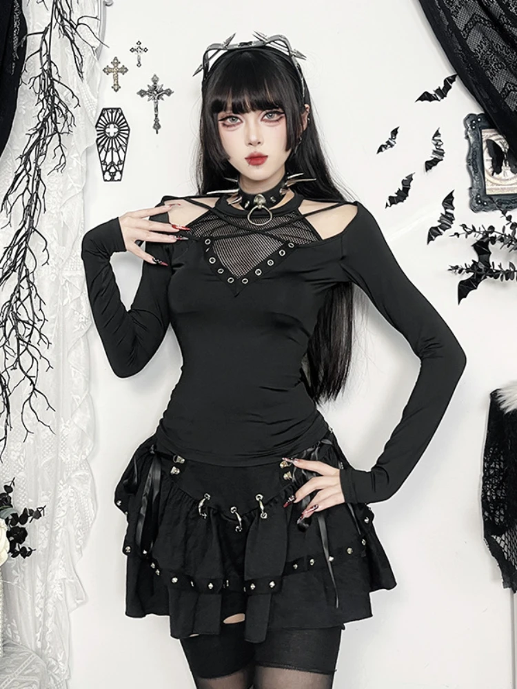 Фото AltGoth Dark Academia Goth футболка женская уличная одежда Harajuku сексуальная Y2k E-girl ажурные сетчатые лоскутные укороченные футболки с длинными рукавами №4