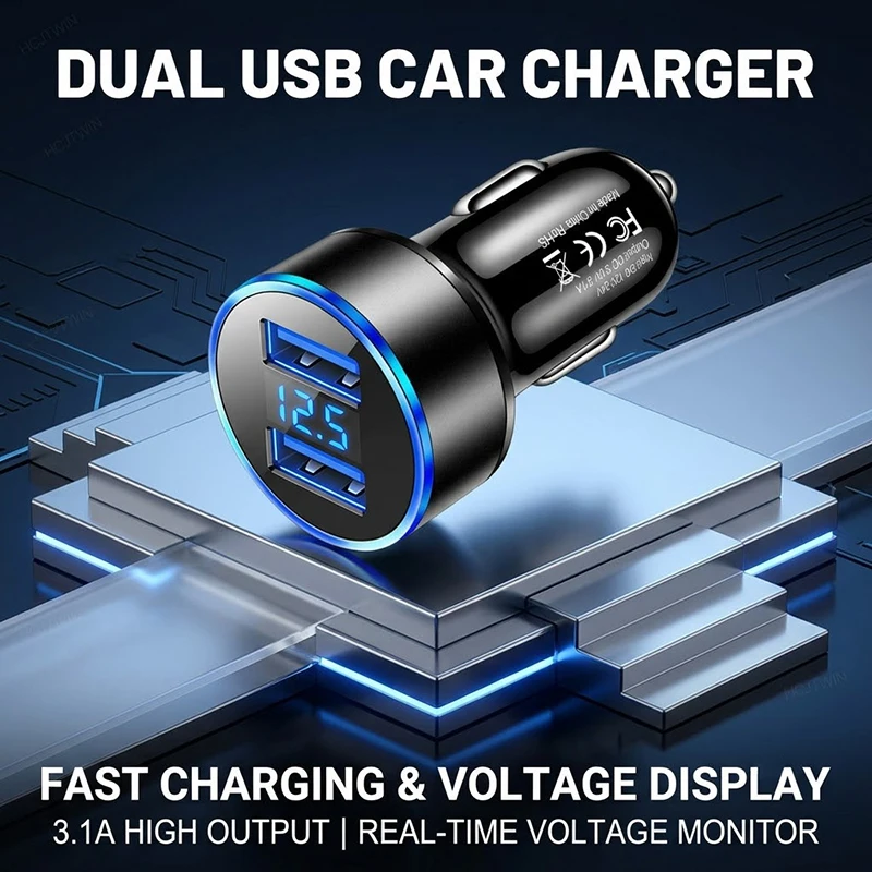 Фото Автомобильное зарядное устройство с двумя USB-портами, LED-дисплеем, выходом 3.1A, адаптер из ABS-пластика, защита от низких температур, для планшетов, смартфонов, iPhone 17, 16 Pro №1