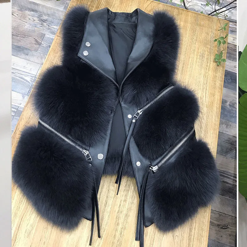 Parkas Womens Outdoors Coats Jackets Vests 2022 Faux Fur Imitation Fox Hair PU zipper Splicing Irregular Fashion Waistcoat Woman
