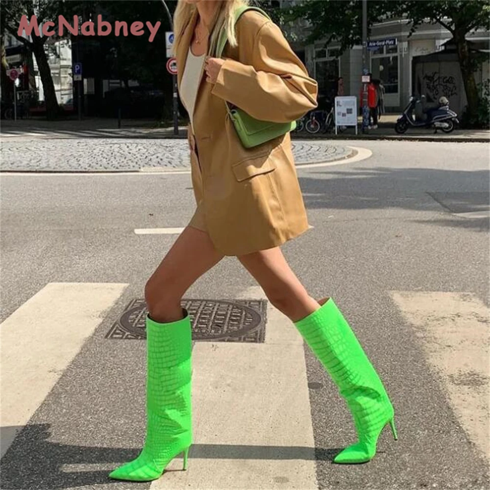 Women's Sexy Crocodile Knee Length Boots New Autumn and Winter High Heel Pointed Women's Stiletto Snake Pattern Long Boots