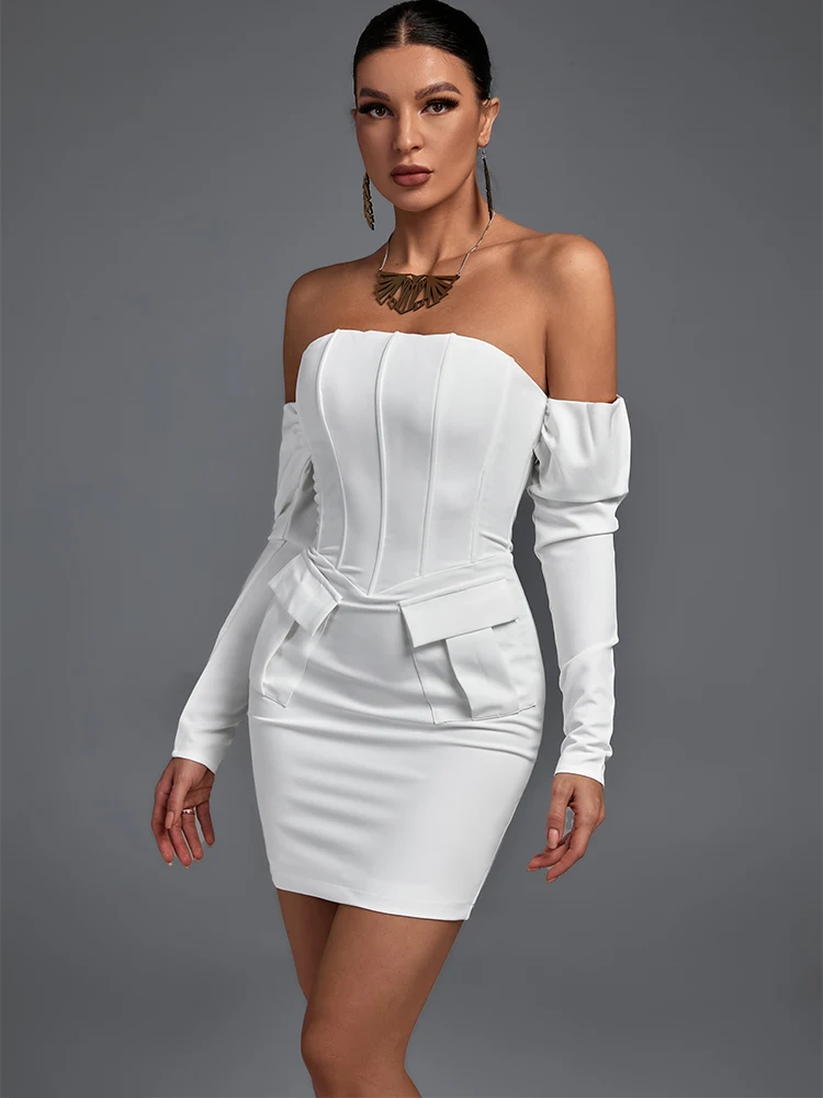 

Off Shoulder Party Dress 2022 Women White Long Sleeve Bodycon Dress Elegant Sexy Evening Club Dress High Quality Summer Outfit
