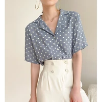 2022 summer womens retro korean loose suit collar polka dot short sleeve shirts blouse female