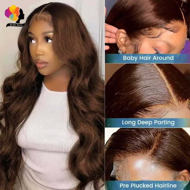 Chocolate Brown Body Wave Lace Front Human Hair Wigs Malaysia #4 Brown Colored Straight Human Hair Lace Part Wig Preplucked 180%