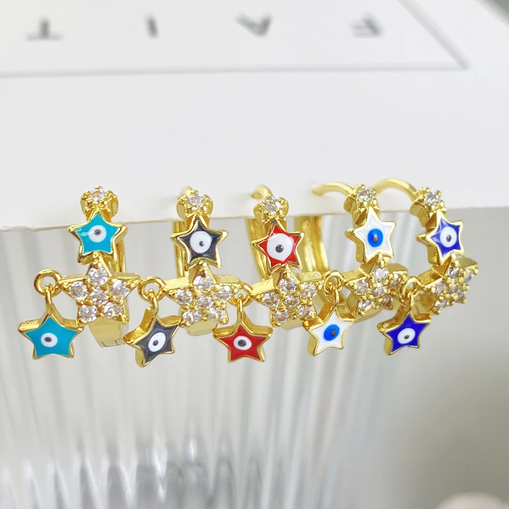 

Trendy Evil Blue Eye Star Hoop Earrings for Women Gold Color Round Piercing Paired Earrings Fashion Party Boho Jewelry Wholesale
