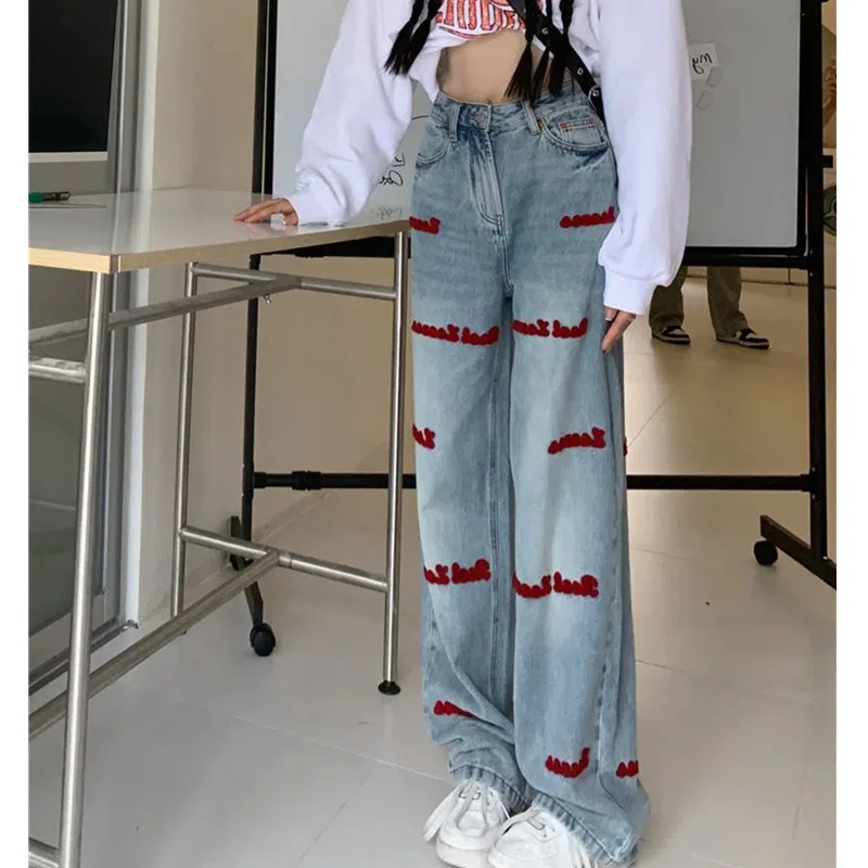 

Streetwear Letter Embroidery Jeans Woman High Waist Y2k Straight Baggy Pants Korean Fashion Women's Jeans Trend Trousers