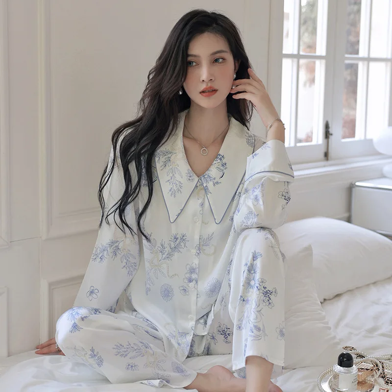 Pajamas for Women's Spring and Summer Thin Cool Feeling Home Service Suit with Turn-over Collar Breathable and Casual Sleepwear