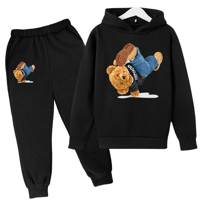 Children 2023 Hoodie Coat Trousers 2 Pieces Spring and Autumn Clothes Girls Street Hip-hop Bear Print Boys and Girls Fashion Top