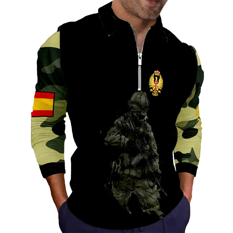 

Tactical Camouflage 3D Print Men's Polo Shirt Veteran Casual Long Sleeve Turn-Down Zipper Design Collar Commando Soldier Clothes