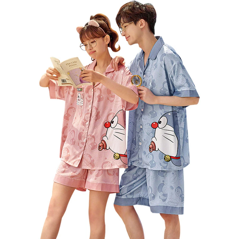 Anime Doraemon Adult Pajama Sets Women Men Home Clothes Couple Pijama Suit Korean Loose Pyjama V-Neck Silk Sleepwear