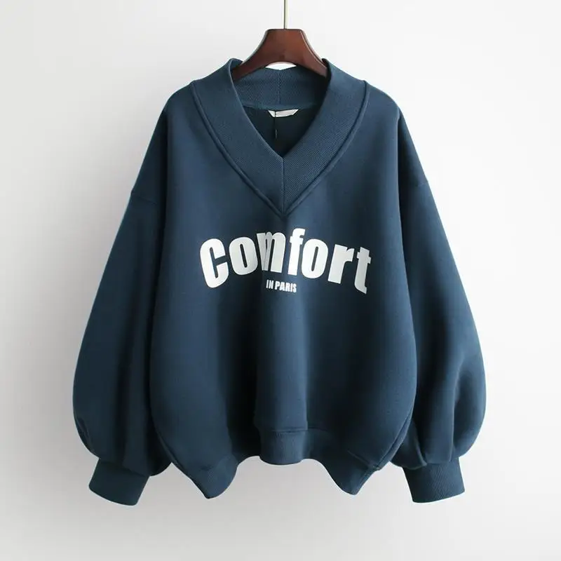 

Outer Wear Blue Winter Sweater Plus Velvet Thickening 2023 New Women's Korean Trendy Ins Loose V-neck Fashion Top