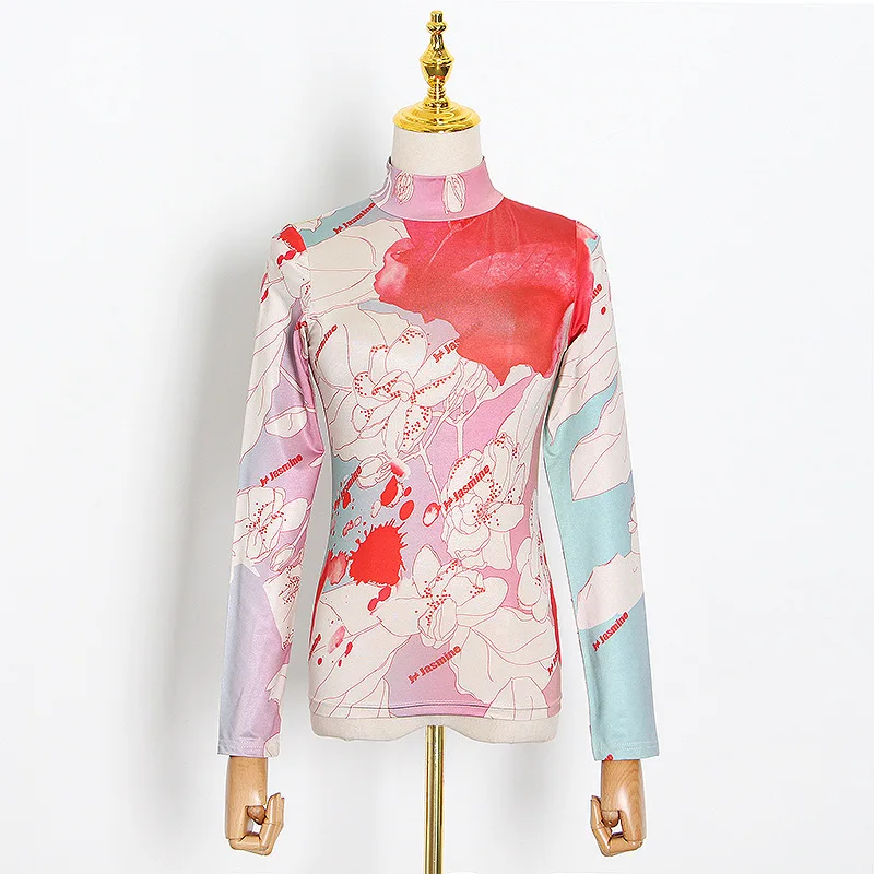 

New High Collar Bottoming Shirt 2022 Autumn New Fashion Retro National Wind Jasmine Hand-painted Pattern Slim Foreign Air