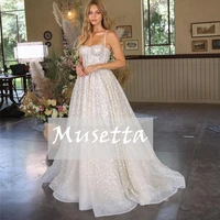 sparkling sweetheart tulle wedding dress sequin spaghetti strap sleeveless bride gown luxury backless sweep train robe de mari%c3%a9e