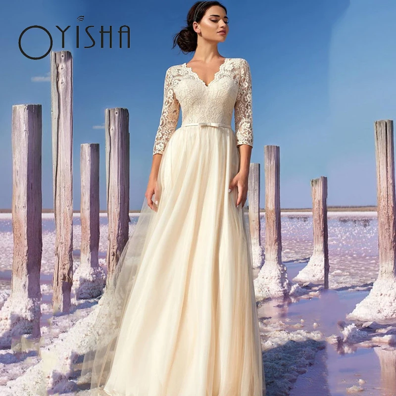 

OYISHA Elegant A-Line Wedding Dress Charming Backless Lace Appliques Illusion Bridal Gowns Sexy V-Neck Bohemian vestido de noiva