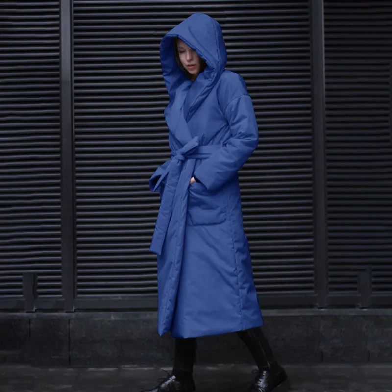 WeiYao Blue Padded Jacket for Women 2022 Winter Fashion y2k Streetwear Long Sleeves One Size Red Warm Hooded Coat with Belt