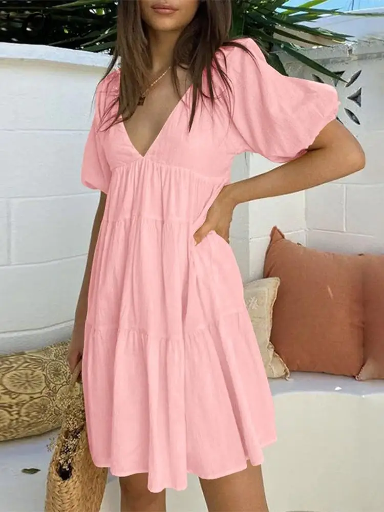 

Женский винтажный сарафан с пышными короткими рукавами, короткое платье с V-образным вырезом и многослойной строчкой, лето 2022