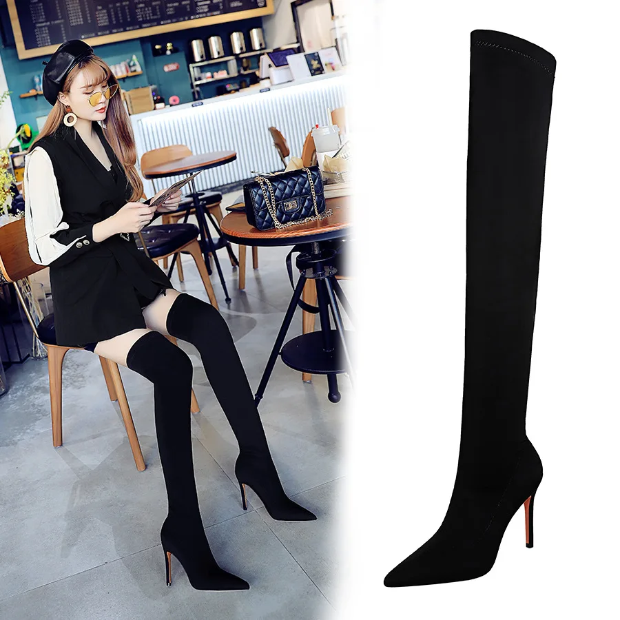 

European and American style fashion high heels, elastic thin heels, pointed toe, sexy and slim fitting knee length boots