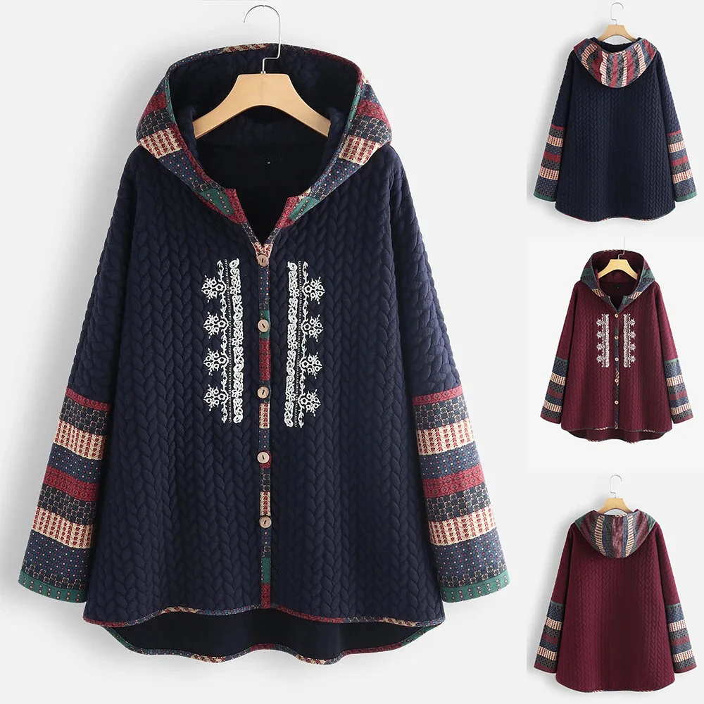 

Autumn and Winter New Hooded Cotton Coat Single-breasted Ethnic Print Long-sleeved Mid-length Coat