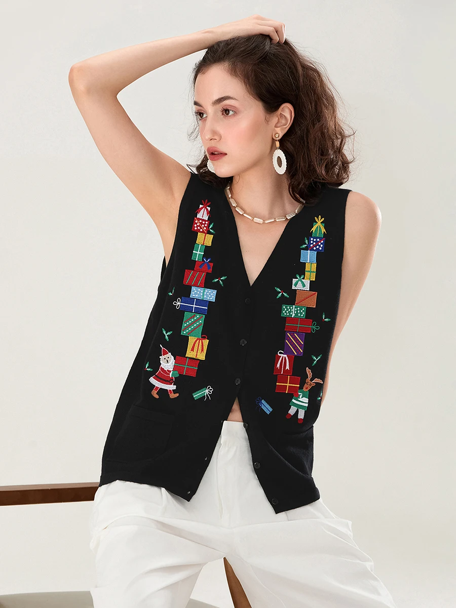 Women s Autumn Winter Sweater Vest V Neck Christmas Pattern Print Button Up Knit Tank Tops