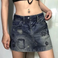 2022 summer new womens cartoon embroidered denim skirt fashion all match street sexy slimming hip skirt hot girl short skirt