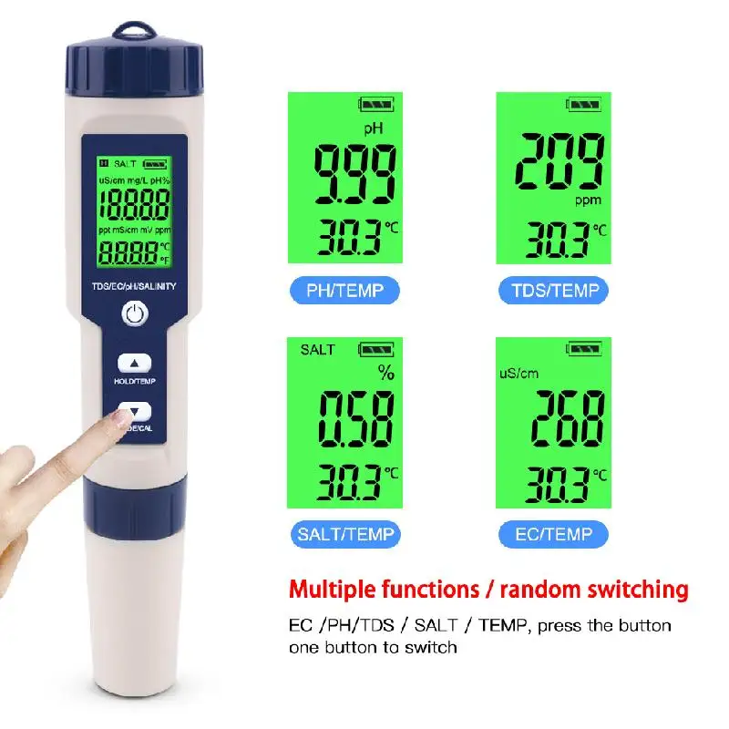 

NEW 5 in 1 TDS/EC/PH/Salinity/Temperature Meter Digital Water Quality Monitor Tester for Pools, Drinking Water, Aquariums