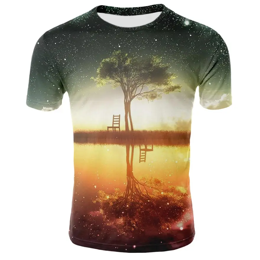 

Verão céu estrelado impressão 3d camiseta masculina verão casual masculina e feminina céu estrelado padrão de árvore camiseta ro