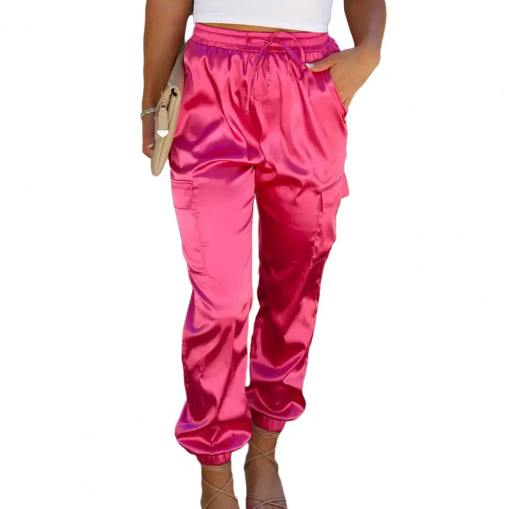 Women Casual Trousers Shrinkable Cuffs Satin Long Pants High Waist Elastic Waistband Drawstring Multi Pockets Sport Pants