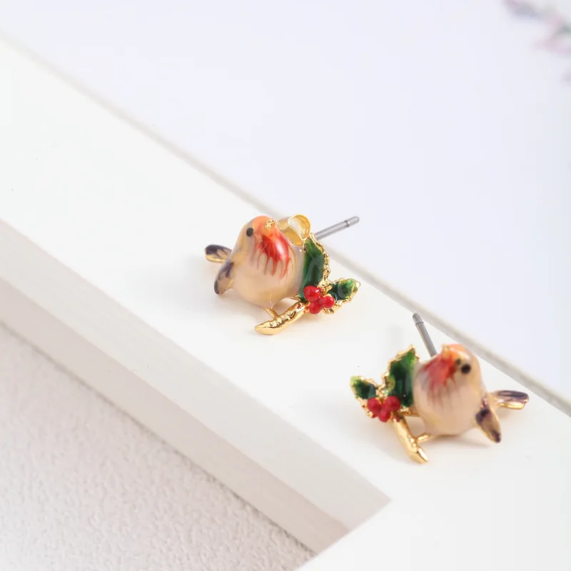 

European and American Jewelry Hand-painted Enamel Glaze Three-dimensional Small Sparrow Bird Leaves Cherry Cute Earrings Female