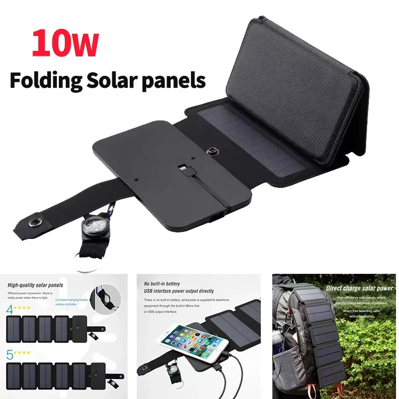 

10W Folding Solar Panels Solar Cells Charger 5V 2A USB Output Device Outdoor Sunpower Power Bank for Phone No Build-in Battery