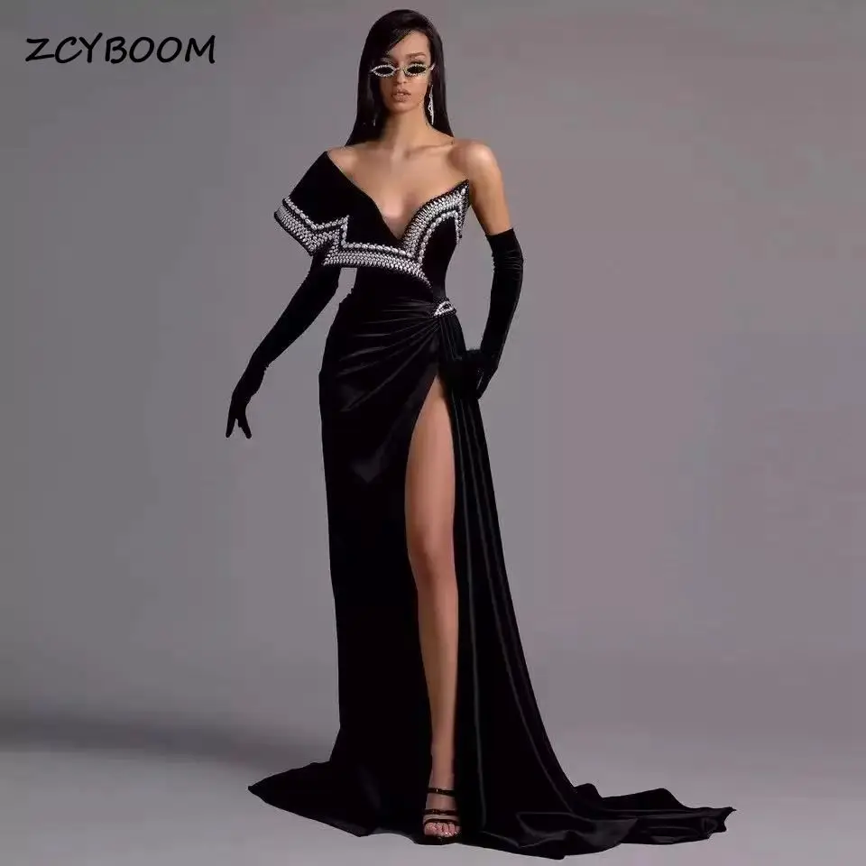 

New Design Velour Mermaid Black One Shoulder Prom Gowns Glitter Pearls Beaded High Split Pageant Evening Dresses Robe De Soiree