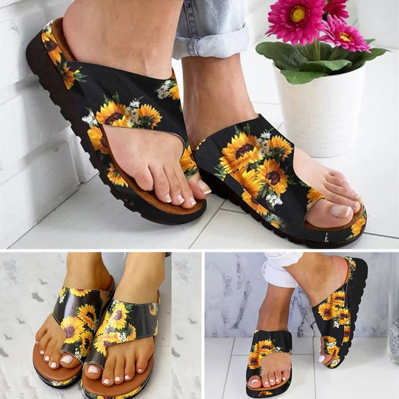

Women PU Shoes Comfy Platform Flat Sole Ladies Casual Sunflower Soft Big Toe Foot Correction Sandal Orthopedic Bunion Corrector