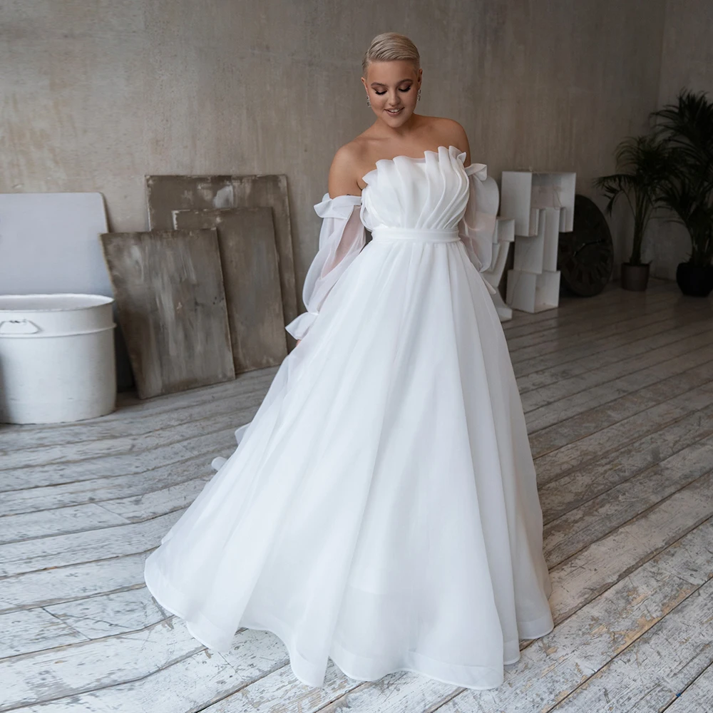 

Plus Size Party Dresses For Weddings Scalloped Neck Sweep Train Bridal Gown For Bride Zipper Back Long Sleeves Robe De Soriee
