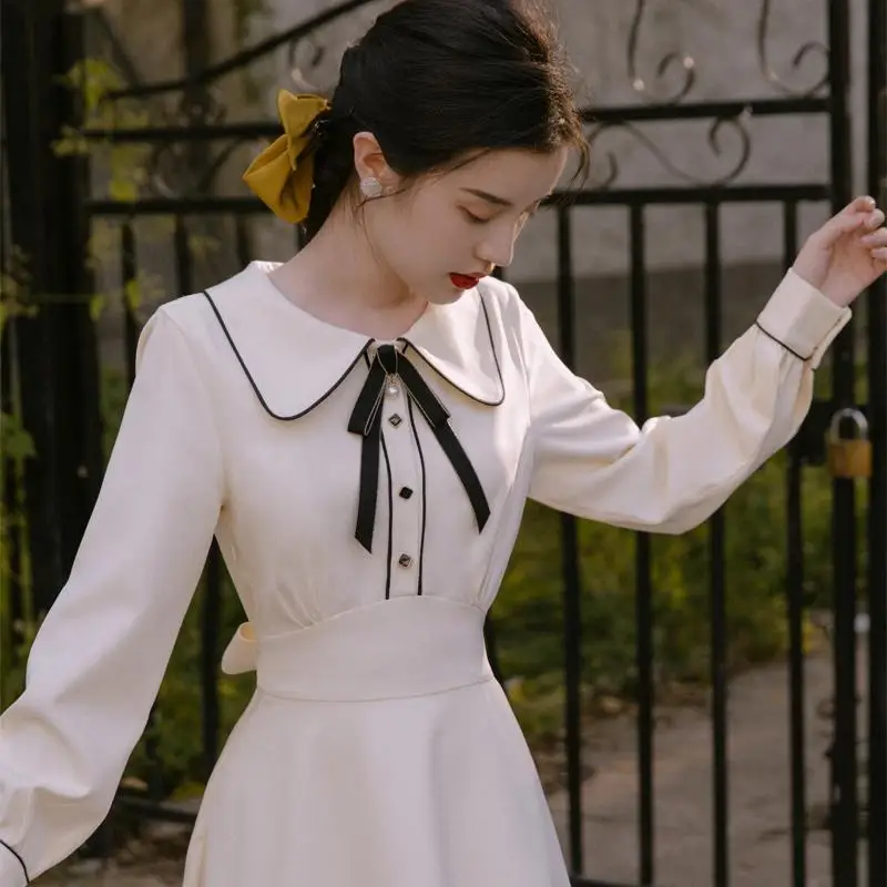 

Woman Peter Pan Collar High Waist Dress Female Bodycon Long Sleeve Elegant Dresses Ladies Fashion Style Elegant Vestidos G02