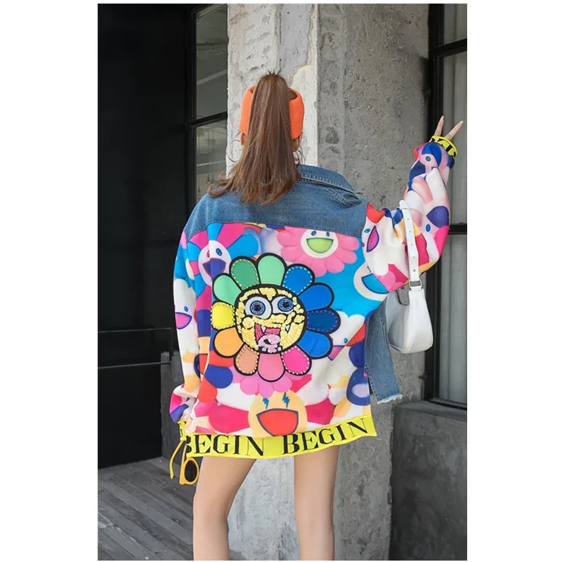 

Женская джинсовая куртка с длинными рукавами, свободная однобортная куртка с отложным воротником и принтом из бисера, Y1199, для осени