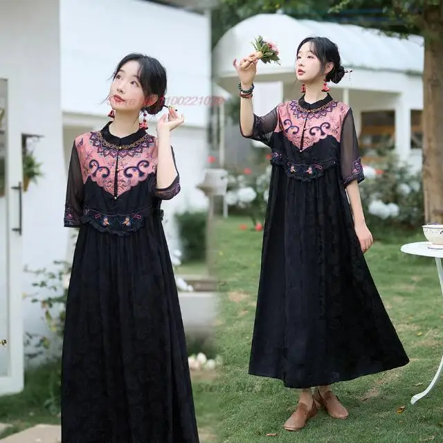 2023 chinese vintage dress national flower embroidery improved qipao oriental ethnic dress folk satin jacquard patchwork dress