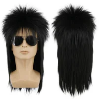 FGY Black Men's Halloween Long Cosplay Synthetic Wigs With Bangs Straight Hair 80s High End Disco Party Rock Ladies Wigs