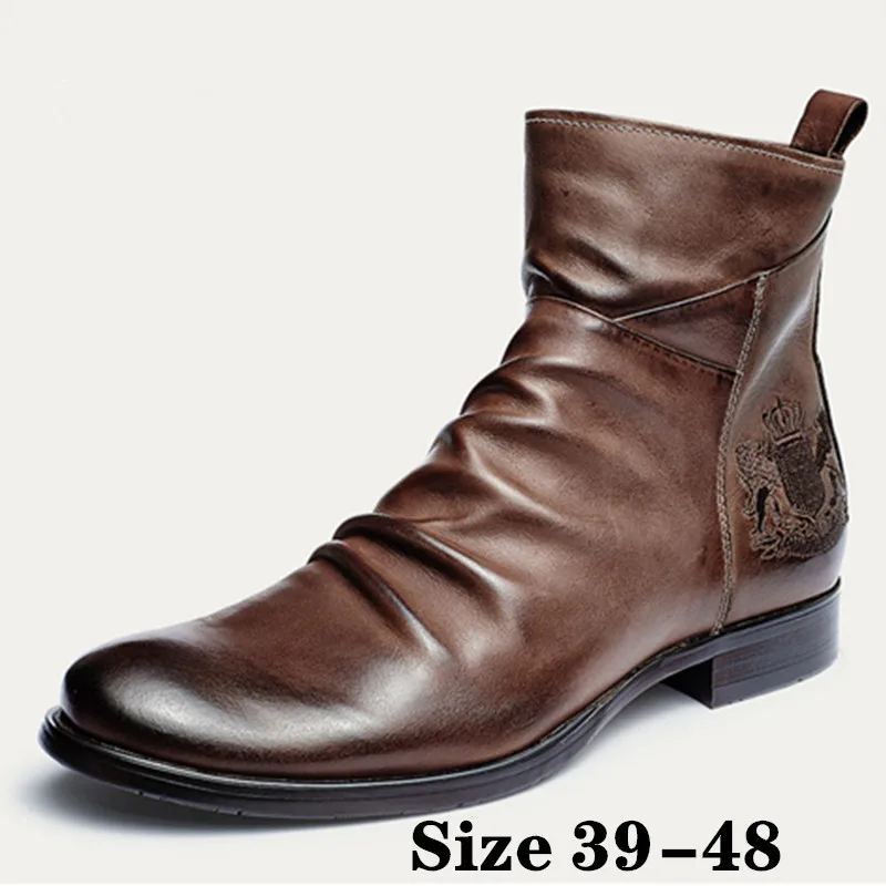 

Luxury Ankle Boots Men Vintage British Chelsea Boots Leather Shoes Fashion Casual Round Toe Embroidery Boots Plus Size 39-48