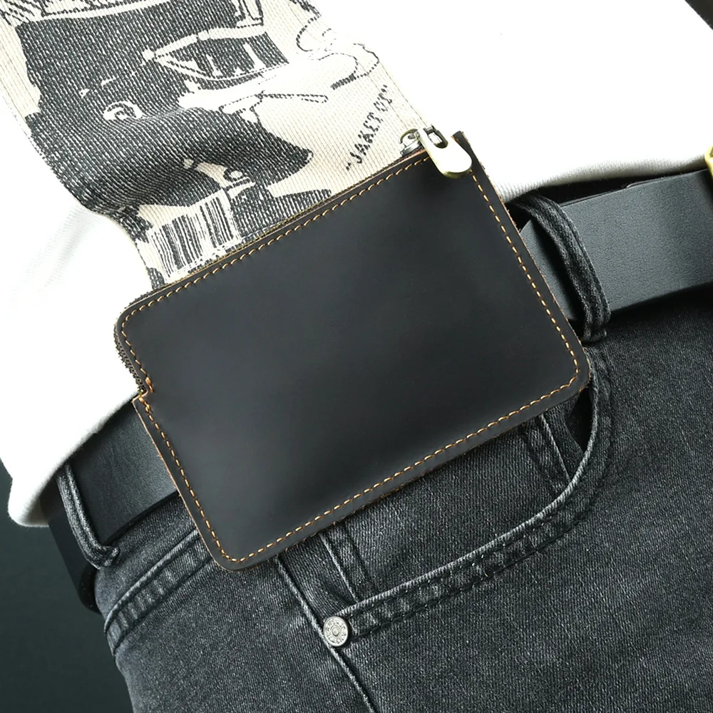 Wallet For Men Vintage Top Layer Crazy Horse Cowhide Zipper Card Holder Genuine Leather Belt Zero Wallet Billeteras De Hombre