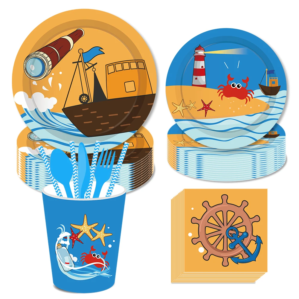 

Cartoon Navigation Nautical Baby Shower Party Paper Plates Cups Napkins Kids Birthday Party Decoration Disposable Tableware Set