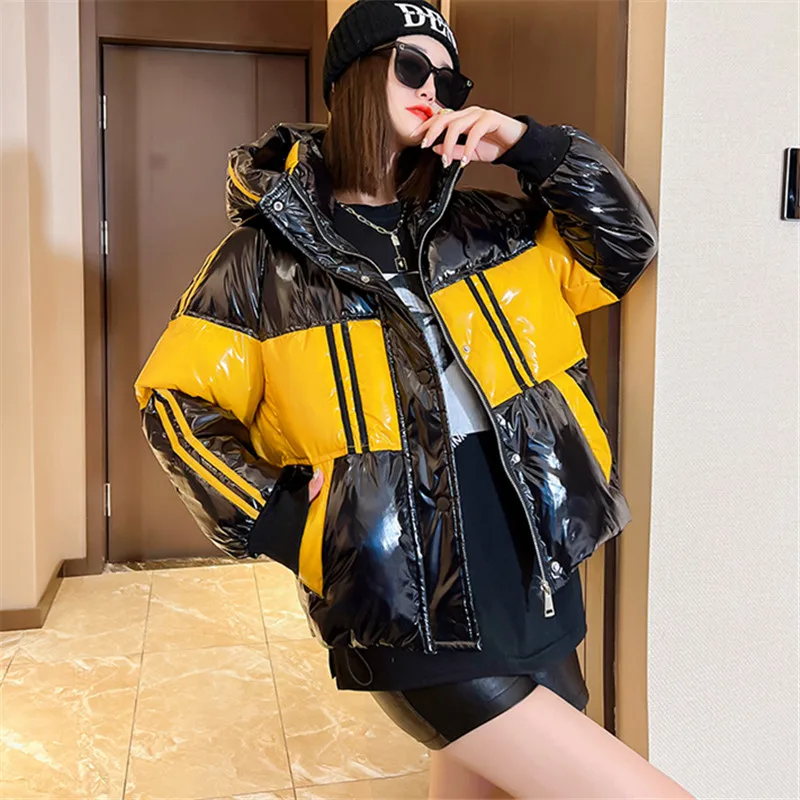 Winter Jacket Women 2022 Streetwear Loose Down Cotton Coats Female Glossy Fashion Clothing Thick Patchwork Hooded Short Parkas