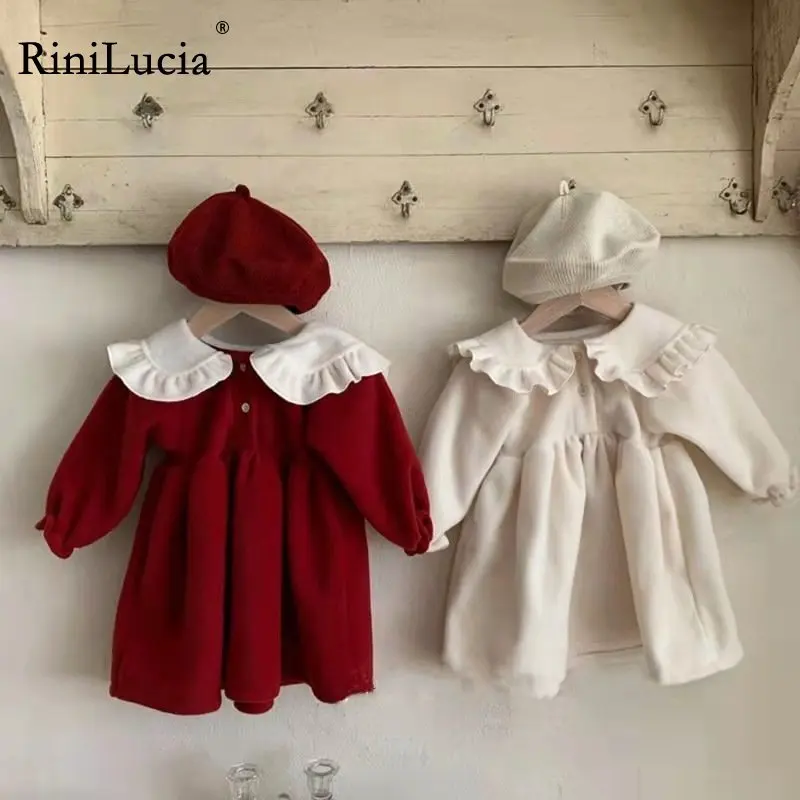 

RiniLucia 2022 Fashion Children's Clothing Autumn Winter Toddler Girls Solid Ruffle Lapel Long Sleeve Thicken Casual Dress